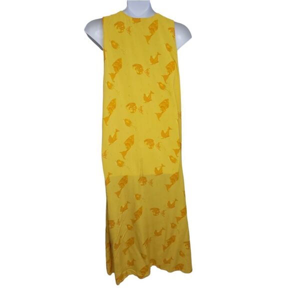 VINTAGE 90s yellow dress fish‎ print sleeveless maxi swim coverup M - Picture 2 of 7